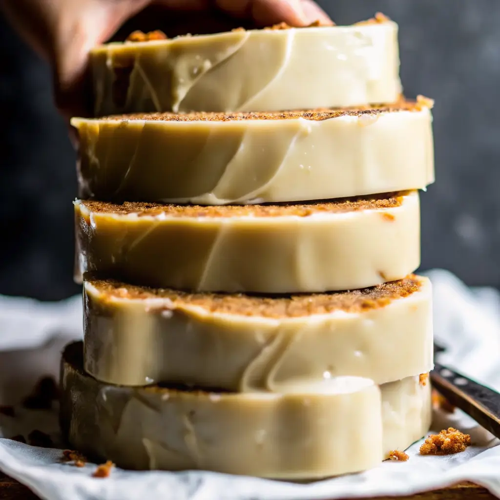 brown-sugar-pumpkin-loaf-slices-with-icing Moist brown sugar pumpkin loaf slices stacked on parchment paper, topped with glossy brown sugar icing.