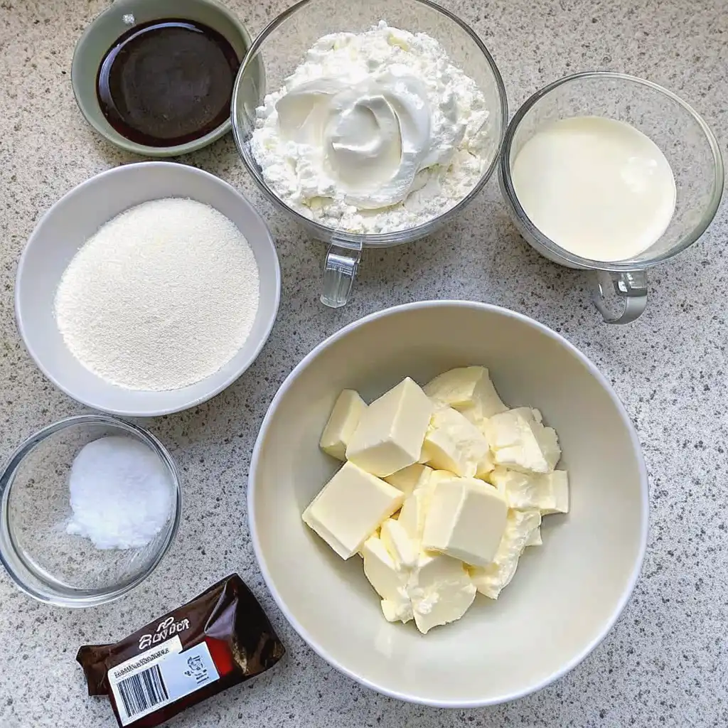 Ingredients for brownie cheesecake birthday cake including butter, cream cheese, sugar, cream, vanilla, salt, and chocolate on a countertop.