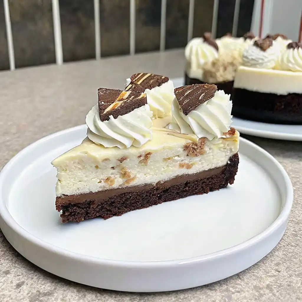Slice of brownie cheesecake birthday cake with a fudgy brownie base, creamy cheesecake layer, whipped cream swirls, and mini brownie pieces on top.