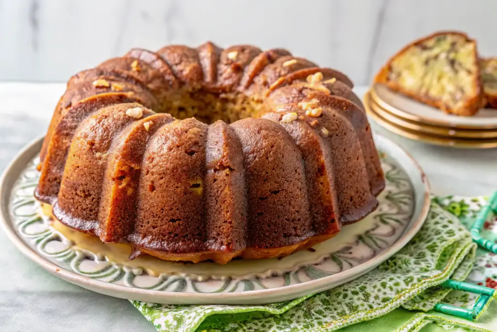 Whole cinnamon zucchini bread baked in a bundt pan, golden brown with a moist crumb, displayed on a decorative plate.