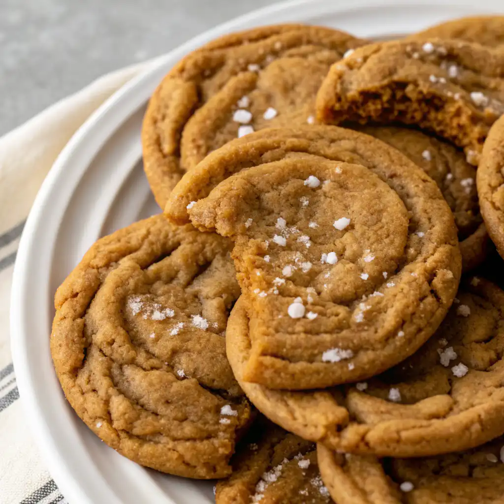 Top view of a plate of chocolate chipless cookies with flaky sea salt on a white surface, with broken cookie pieces scattered nearby.