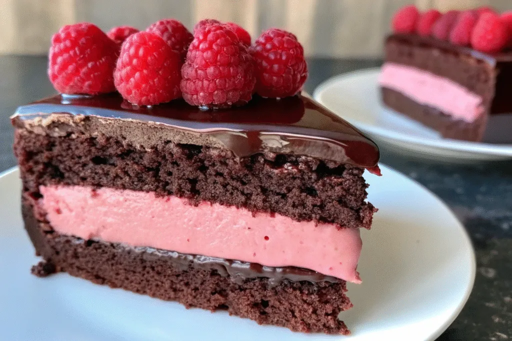 A slice of chocolate raspberry mousse cake topped with ganache and raspberries