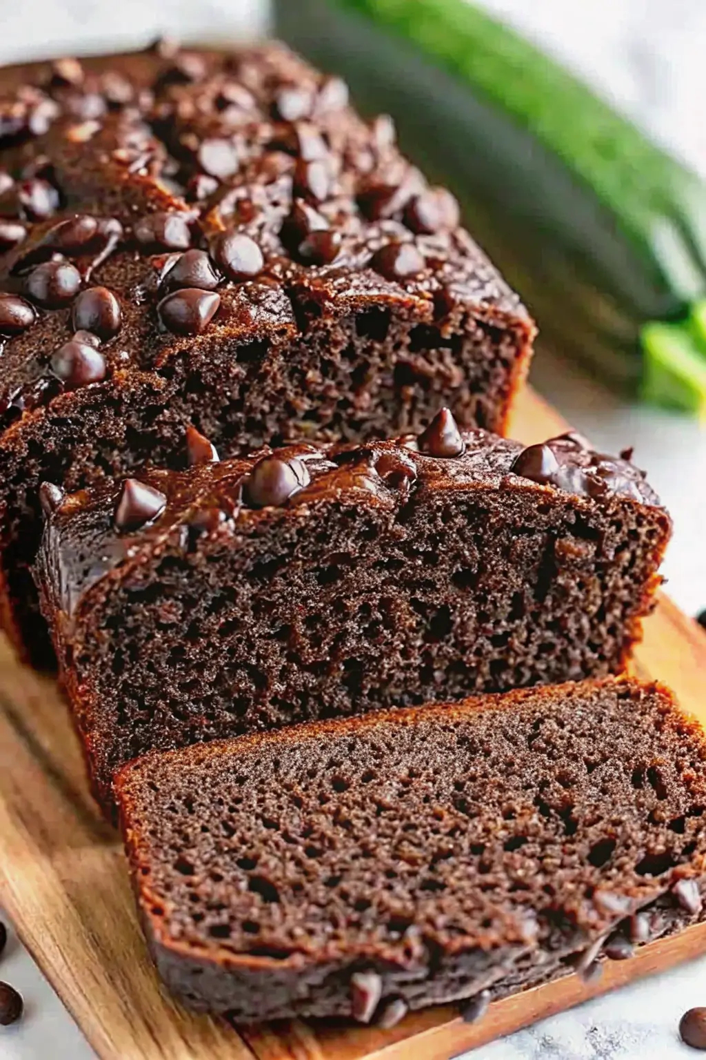 chocolate-zucchini-bread-sour-cream-fudgy-closeup Close-up chocolate zucchini bread loaf topped with glossy chocolate chips, sliced to reveal moist fudgy interior with zucchini in background.