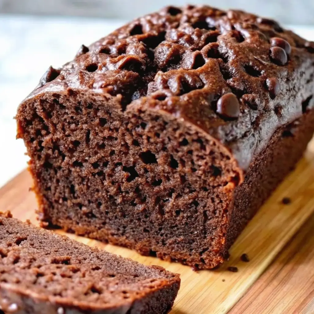 Extra Moist Chocolate Zucchini Bread with Sour Cream – Fudgy & Rich Sliced chocolate zucchini bread loaf with sour cream, rich fudgy interior and crackly top with melty chocolate chips.