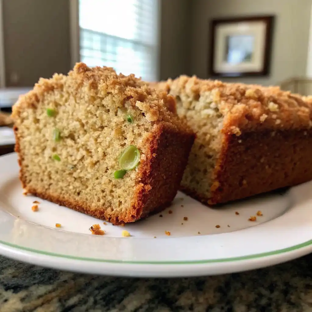 Close-up of cinnamon streusel zucchini bread loaf on a white plate, showing a golden crumb with flecks of green zucchini and a crunchy streusel topping.