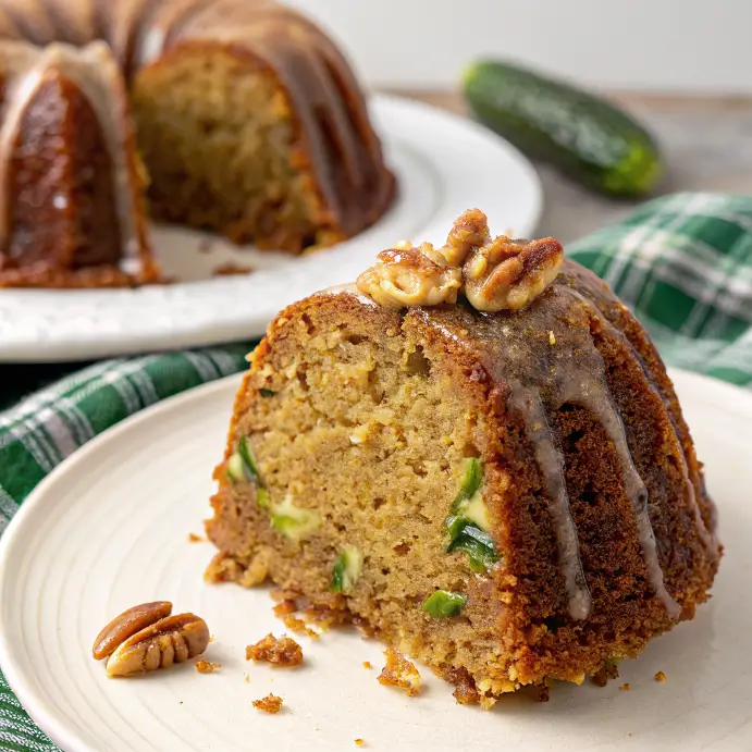 cinnamon-zucchini-bundt-bread-slice Close-up slice of moist cinnamon zucchini bread baked in a bundt pan with green zucchini flecks, topped with pecans and glaze.