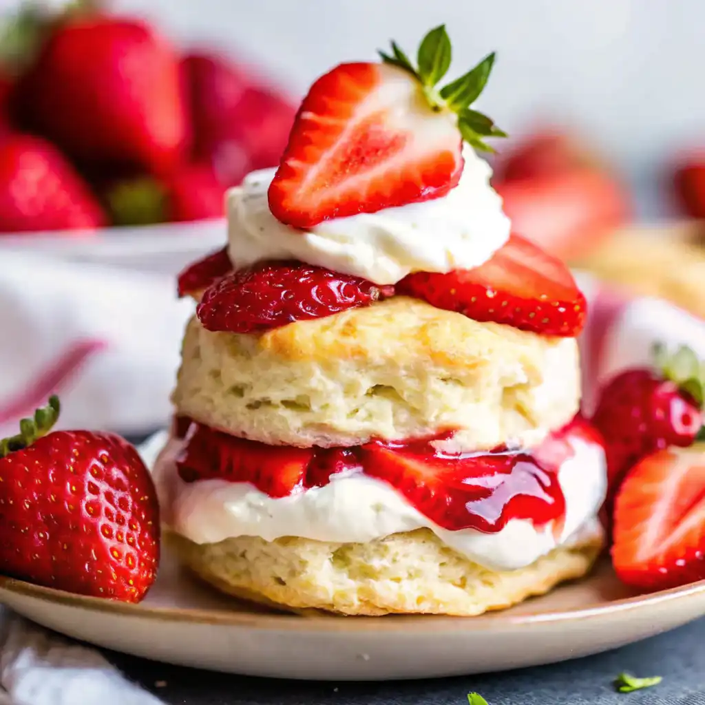 Classic strawberry shortcake with golden biscuit layers, fresh strawberries, and whipped cream, styled on a plate with whole strawberries.