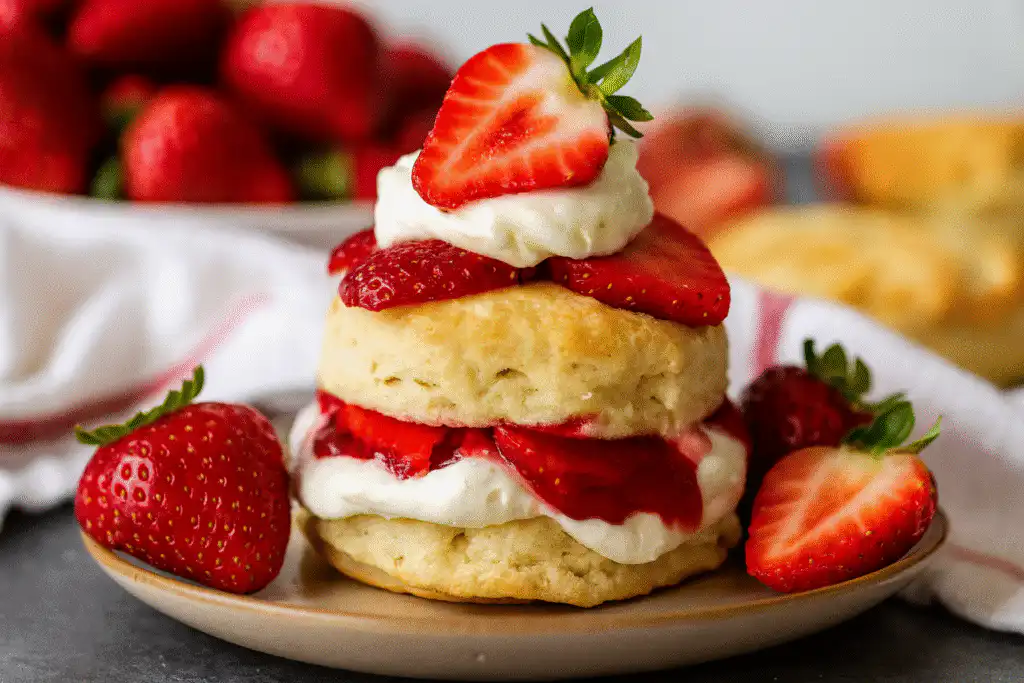 Homemade classic strawberry shortcake with golden biscuit layers, fresh strawberries, and whipped cream on a rustic plate.