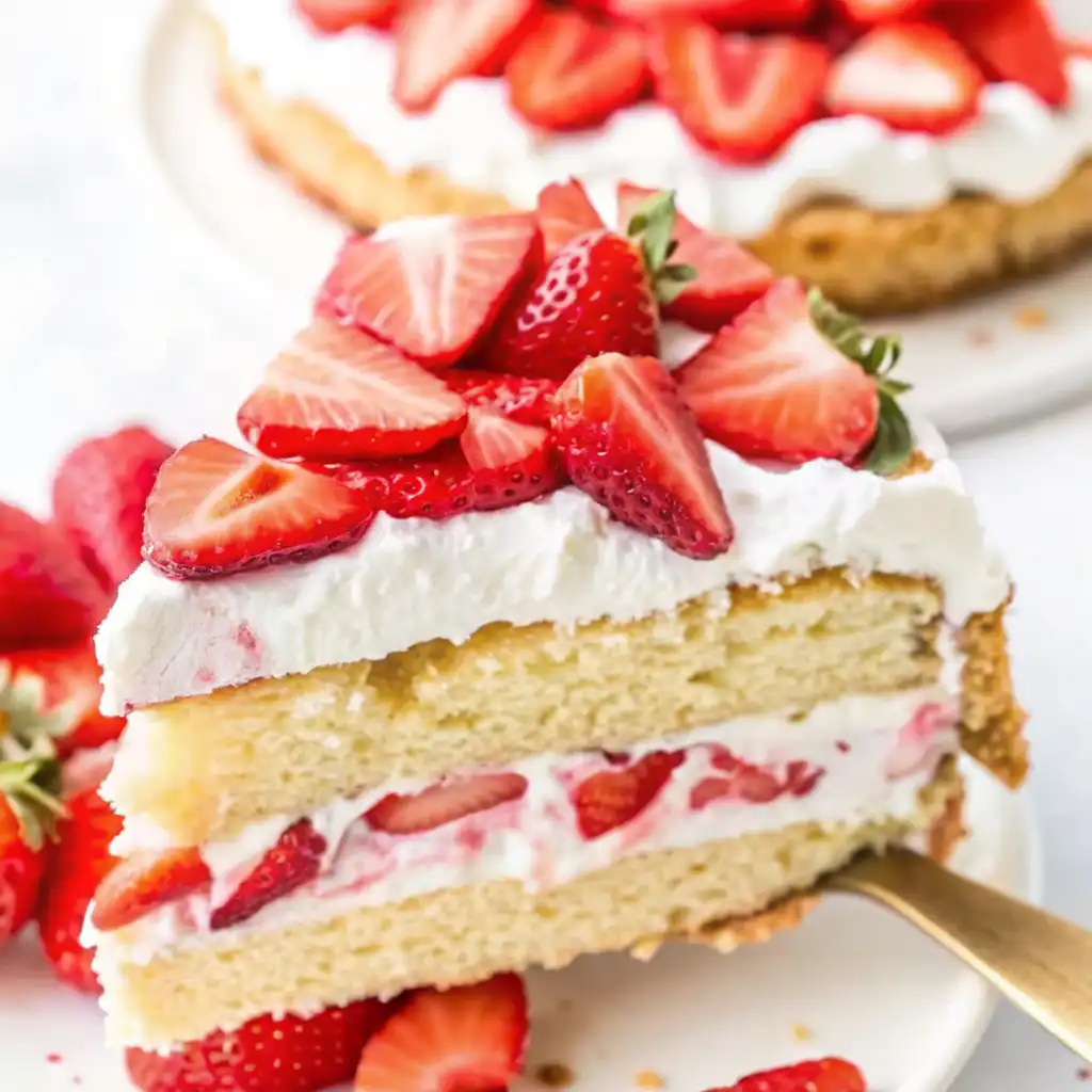 Slice of classic strawberry shortcake with whipped cream and fresh strawberries on top, served on a plate.