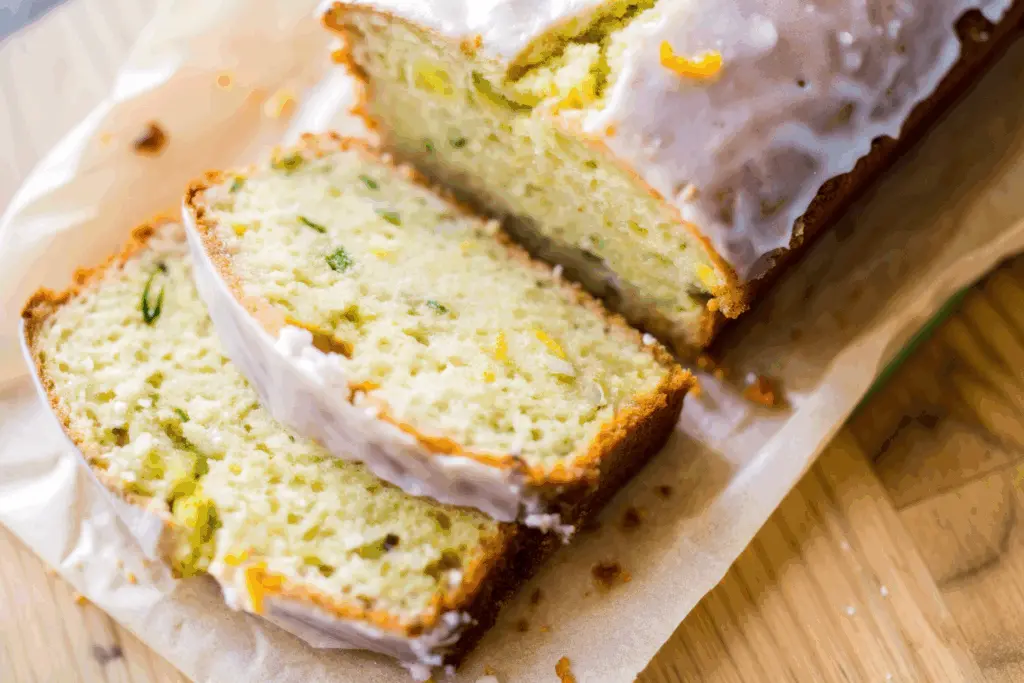 Close-up of sliced lemon zucchini bread showing moist crumb with zucchini flecks and glossy lemon glaze on top.