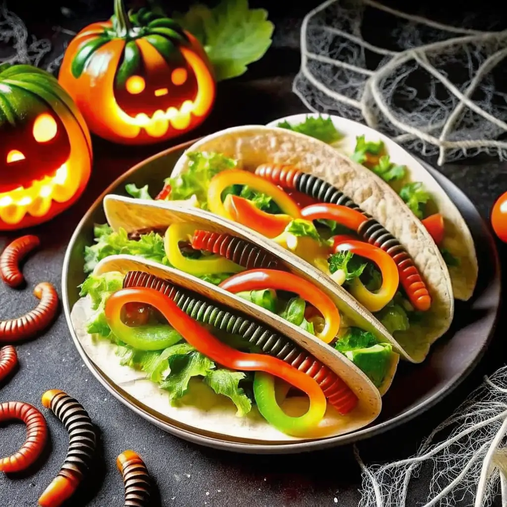 creepy-crawly-tacos-halloween-dinner Halloween creepy crawly tacos filled with lettuce, peppers, and gummy worms, served on a plate with jack-o’-lantern decorations.