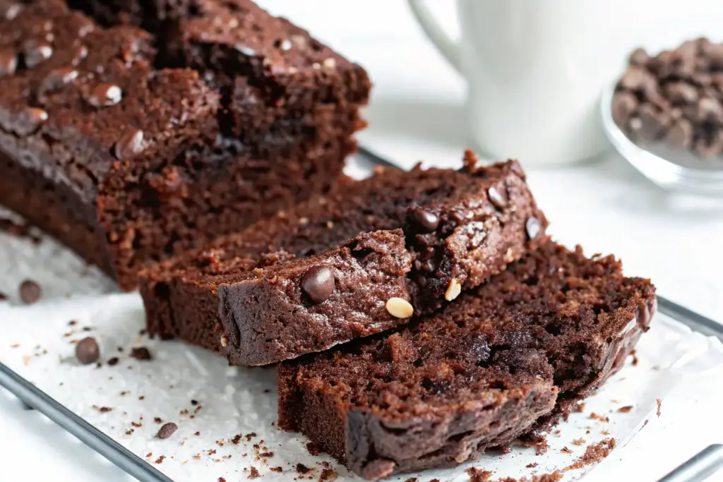 Close-up of sliced double chocolate zucchini bread with a fudgy, moist crumb, studded with melted chocolate chips on parchment paper.