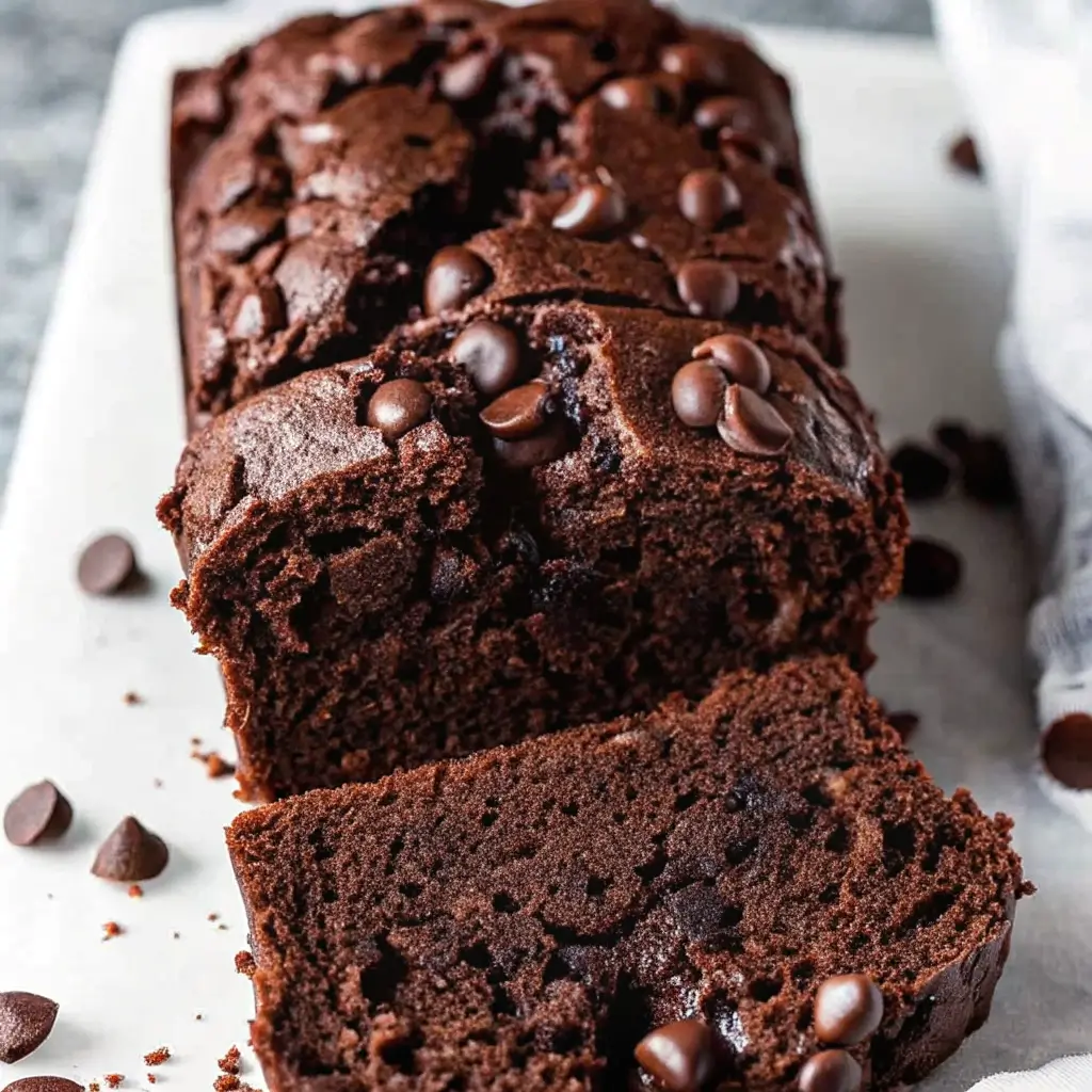 Angled view of double chocolate zucchini bread loaf topped with chocolate chips, sliced to show a rich, moist crumb.