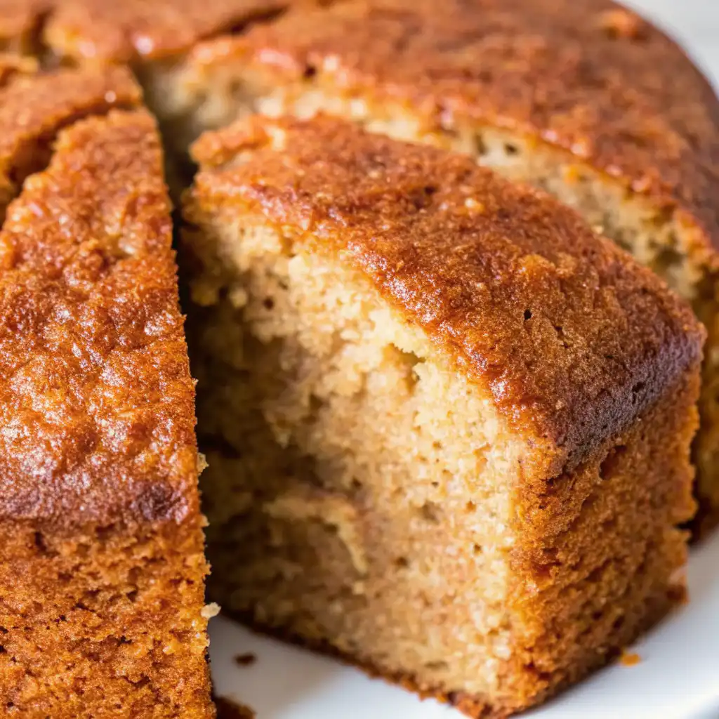 Close-up of easy banana butter cake with a golden crust and moist, fluffy interior.