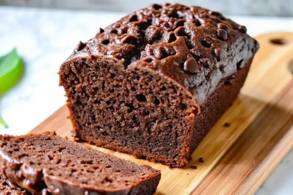Featured chocolate zucchini bread loaf with sour cream, sliced to reveal moist fudgy texture and chocolate chip-studded crackly top on a wooden board.