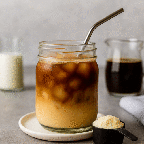Protein Coffee Recipe: Hot or Iced for Weight Loss & Muscle Gain Protein Coffee Recipe Glass of iced protein coffee with ingredients around