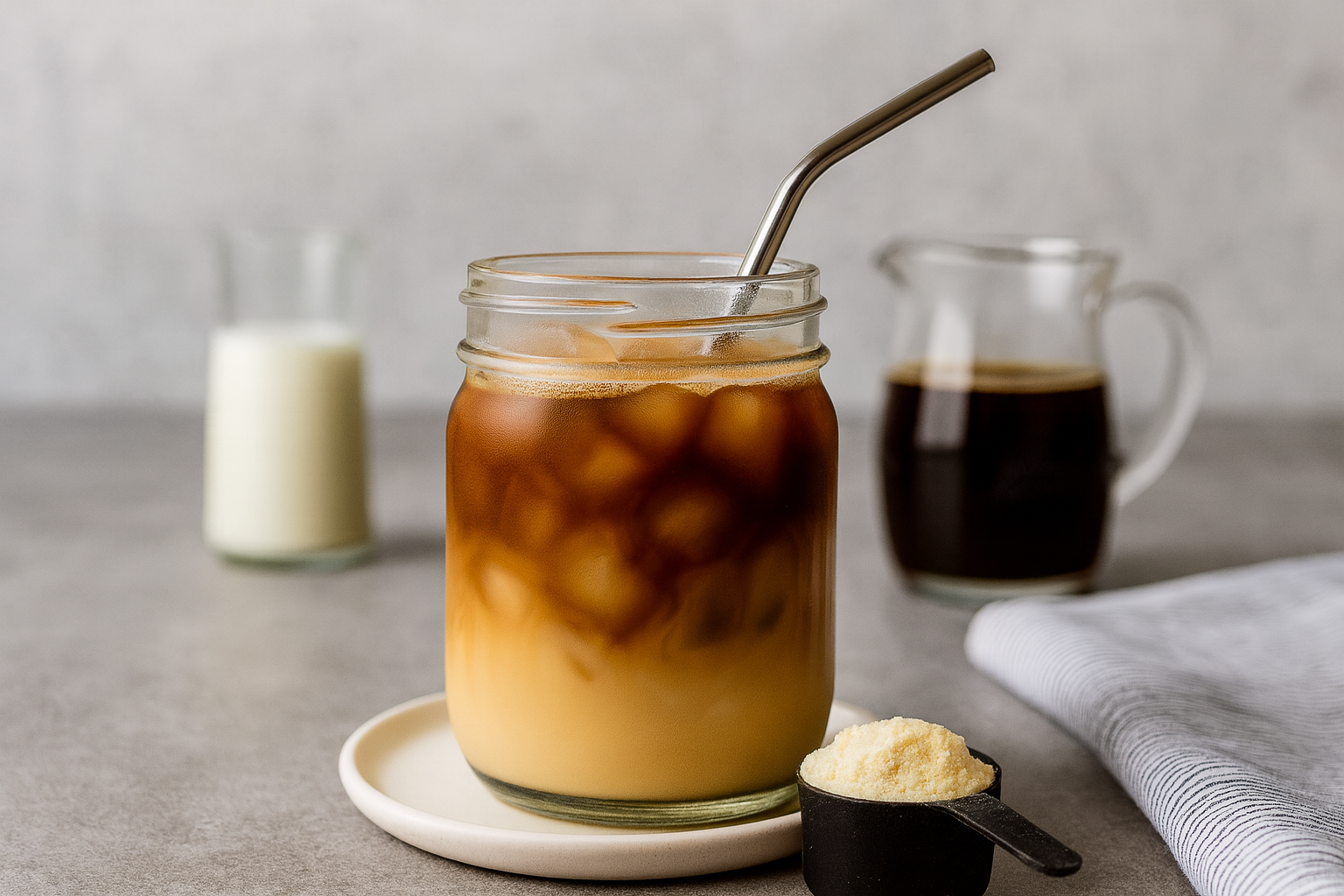 Protein Coffee Recipe: Hot or Iced for Weight Loss & Muscle Gain Protein Coffee Recipe Glass of iced protein coffee with ingredients around