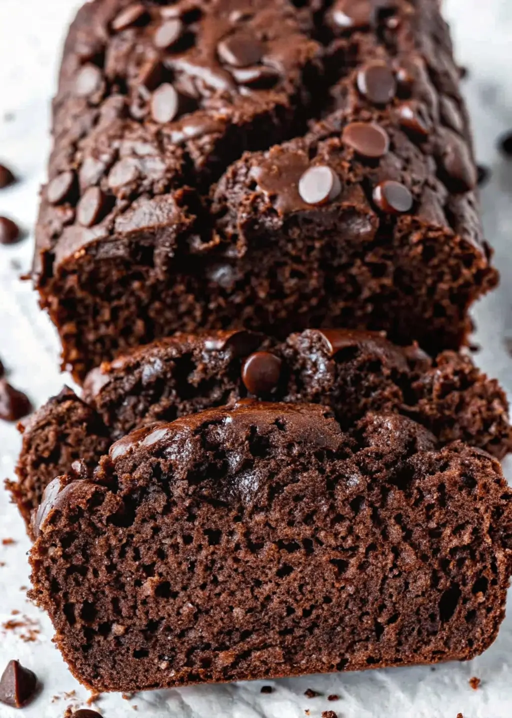 fudgy-double-chocolate-zucchini-bread-loaf Front view of a glossy double chocolate zucchini bread loaf topped with chocolate chips, sliced to reveal its moist, fudgy interior.