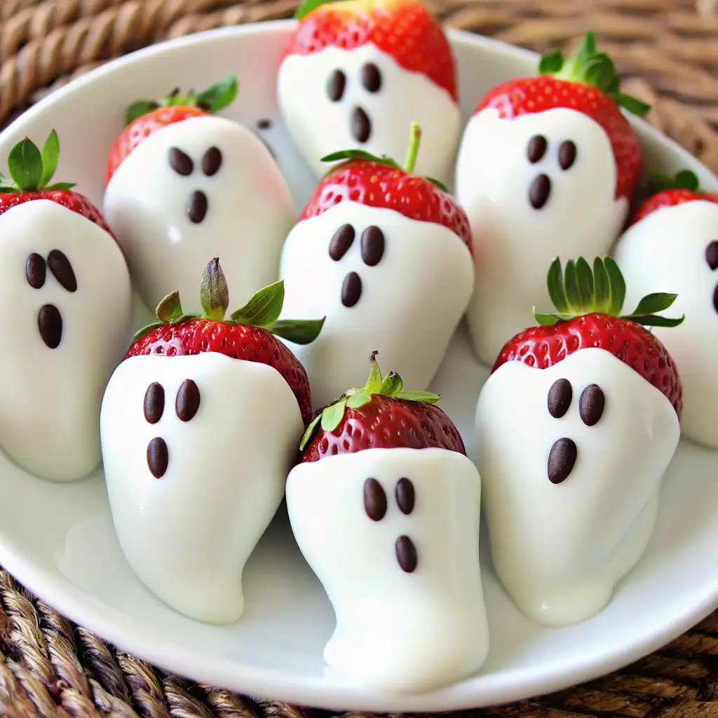 ghost-strawberries-halloween-treat Fresh strawberries dipped in white chocolate and decorated with chocolate chip ghost faces, arranged on a white plate.