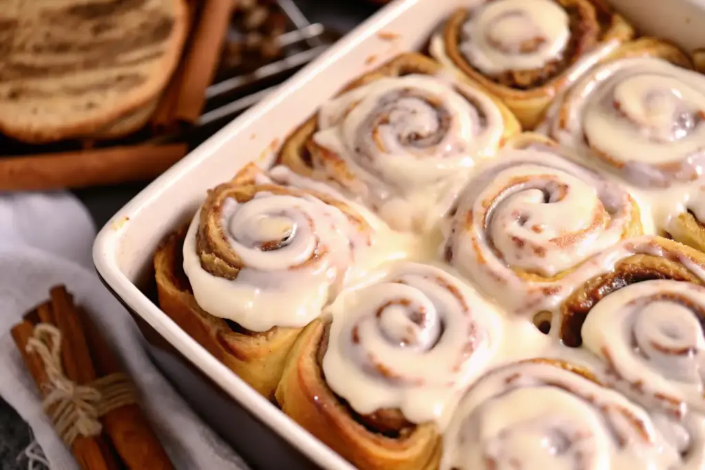 Pan of fluffy homemade cinnamon rolls topped with rich cream cheese frosting