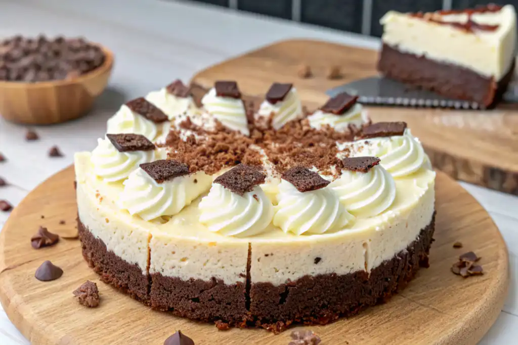 Whole brownie cheesecake birthday cake on a wooden board with a fudgy brownie base, creamy cheesecake layer, whipped cream swirls, brownie pieces, and chocolate crumbs.