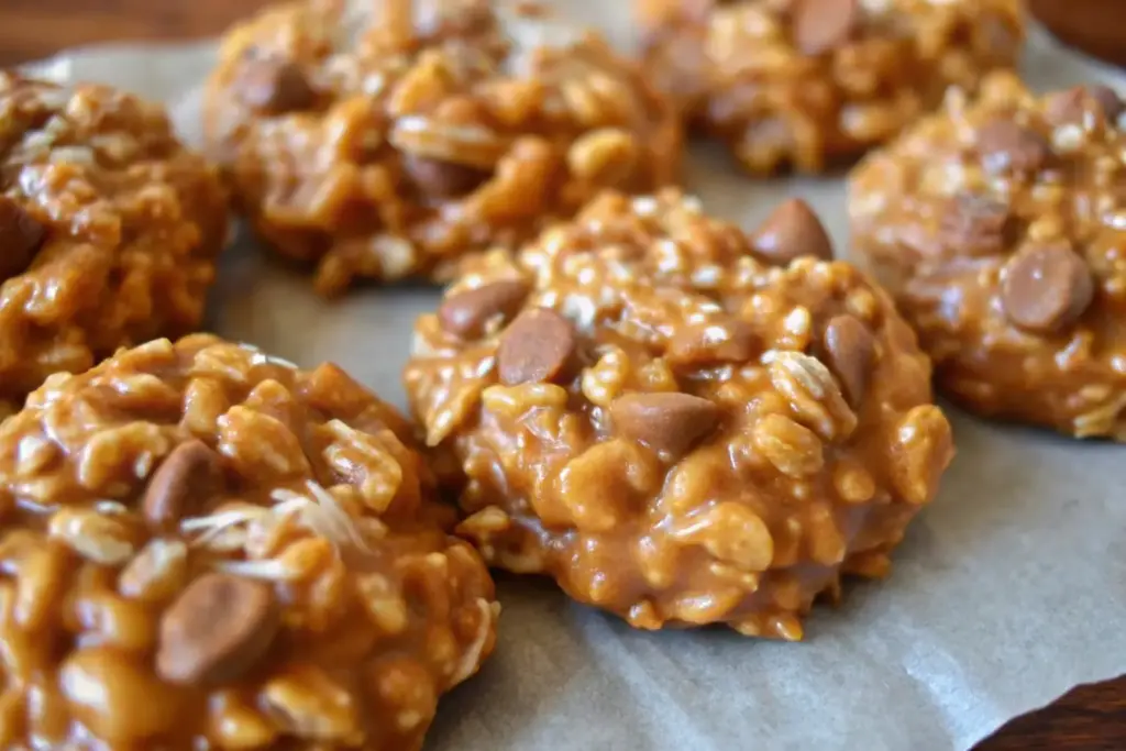 Close-up of chewy no-bake salted caramel cookie with oats and caramel chips on parchment paper.