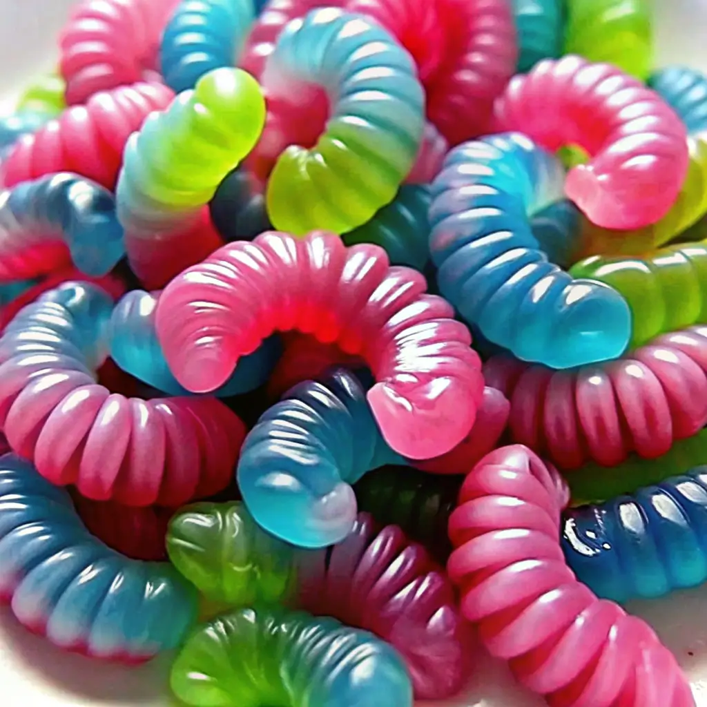 jello-worms-halloween-snack Colorful Halloween Jello worms in shades of pink, blue, green, and purple, piled together as a spooky treat.