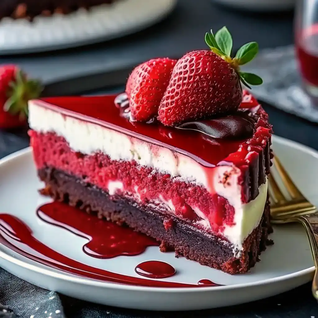 Layered red velvet strawberry cheesecake topped with whole strawberries and a glossy berry glaze, served on a dessert plate.