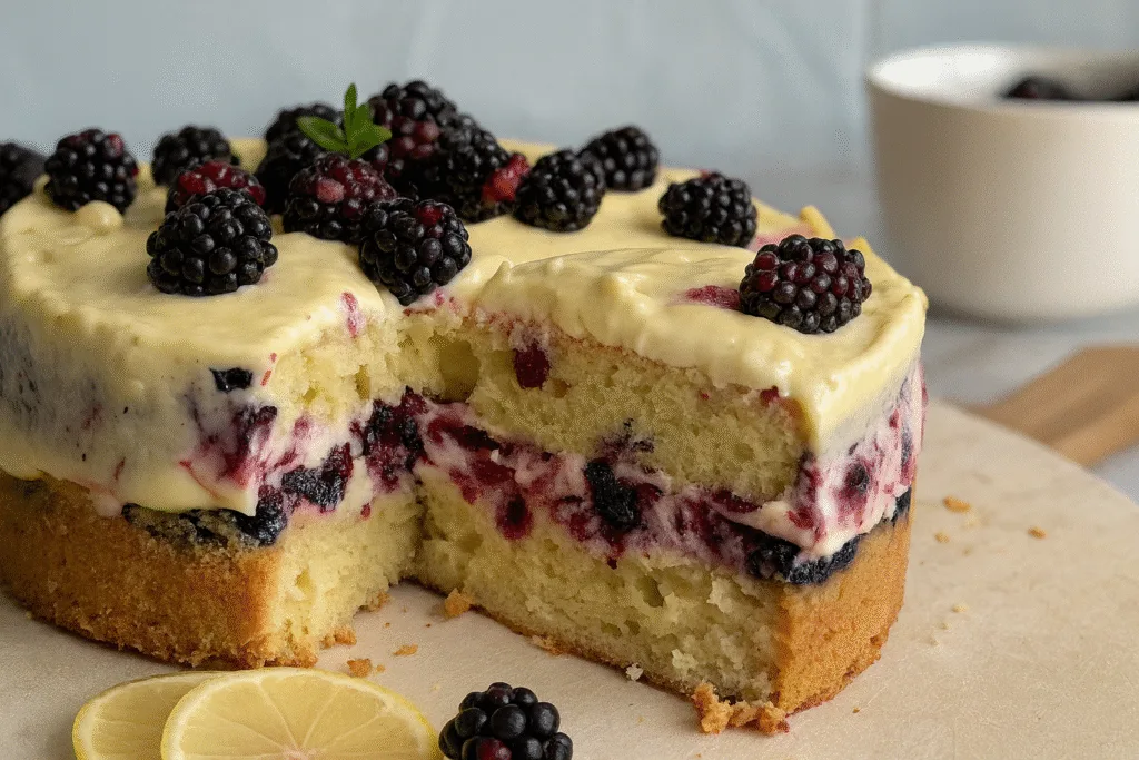 Sliced lemon blackberry cake with mascarpone lemon curd frosting and fresh blackberries on top, served with lemon slices.