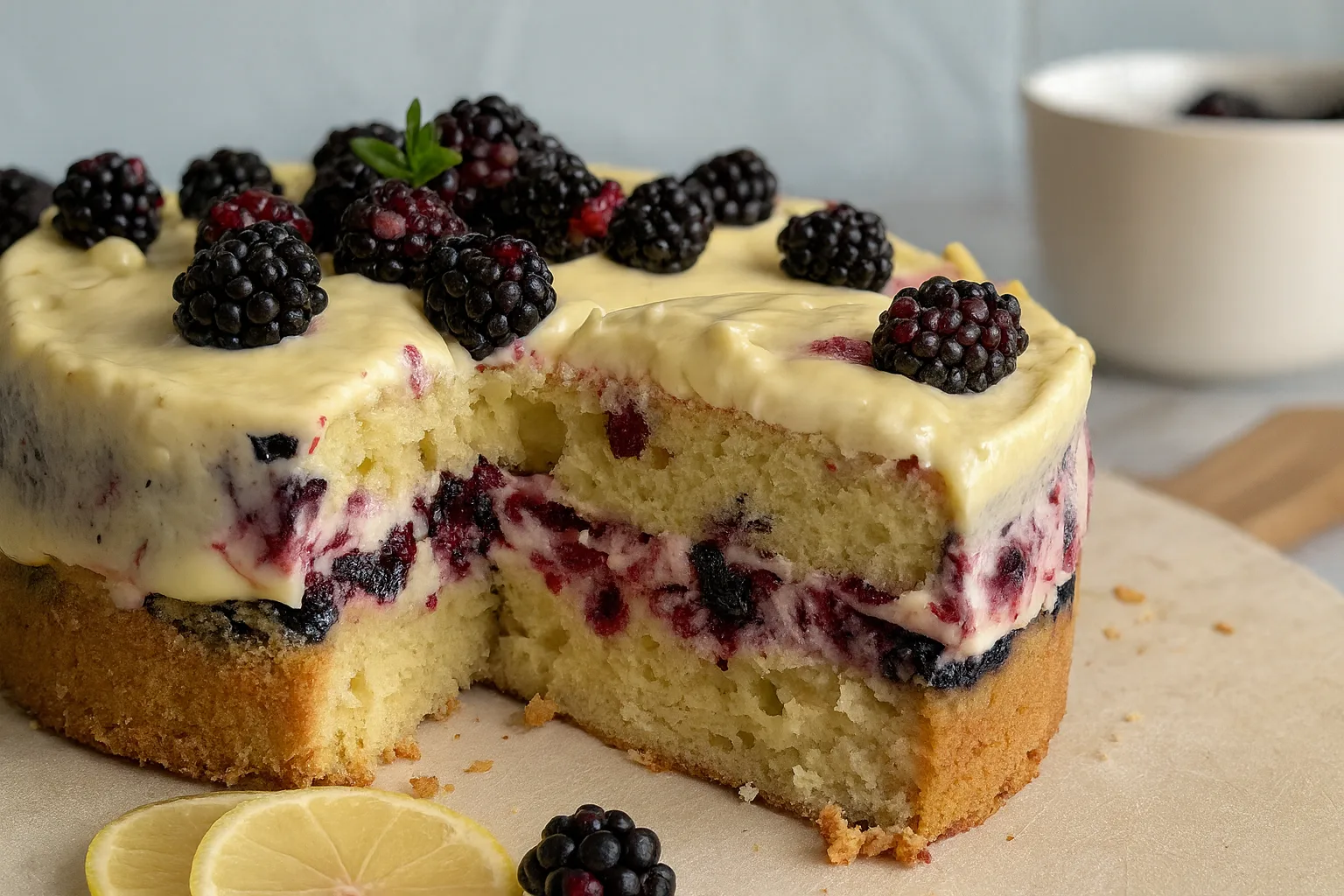 Sliced lemon blackberry cake with mascarpone lemon curd frosting and fresh blackberries on top, served with lemon slices.