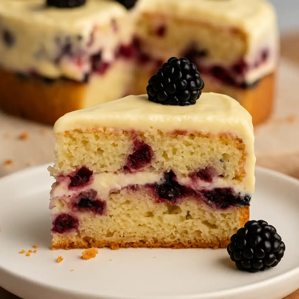 Close-up of a slice of lemon blackberry cake topped with mascarpone lemon curd frosting, fresh blackberries, and lemon zest curls.