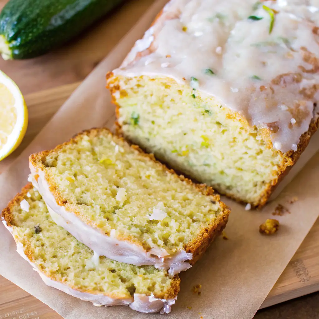 lemon-zucchini-bread-with-lemon-glaze Sliced lemon zucchini bread with lemon glaze dripping over the top, showing moist crumb with flecks of zucchini.