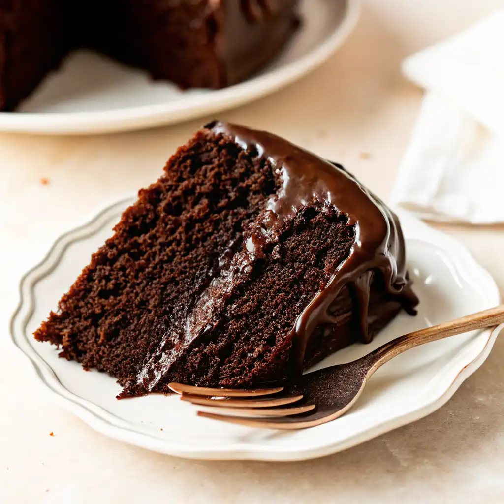 Slice of Matilda Chocolate Cake with rich ganache on a white plate