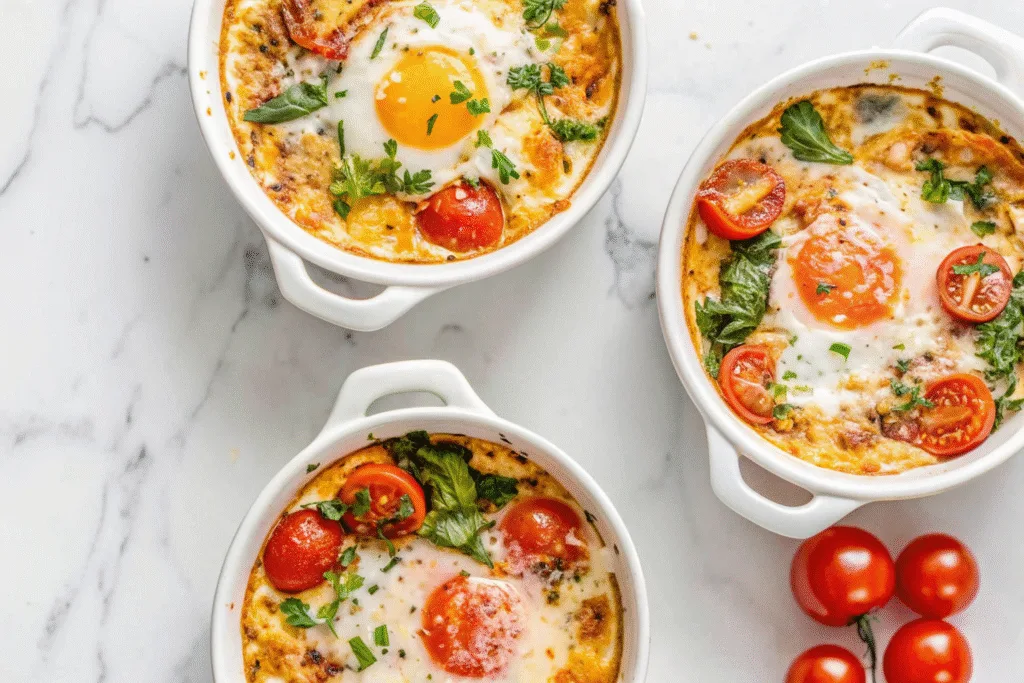 Mediterranean baked feta eggs in white ramekins topped with roasted cherry tomatoes, spinach, and sunny-side eggs, on a marble surface with fresh tomatoes nearby