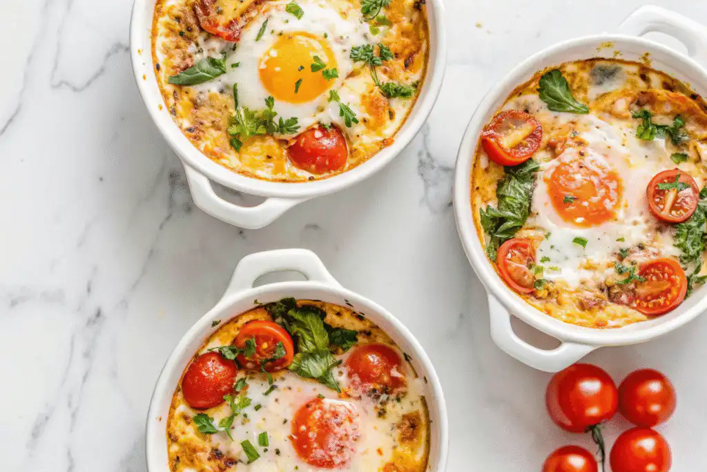 Mediterranean baked feta eggs in white ramekins topped with roasted cherry tomatoes, spinach, and sunny-side eggs, on a marble surface with fresh tomatoes nearby