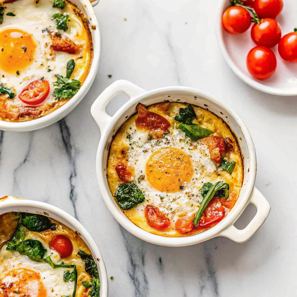 White ramekins of Mediterranean baked feta eggs with roasted cherry tomatoes, spinach, and sunny-side yolks on a marble surface with fresh tomatoes on the side