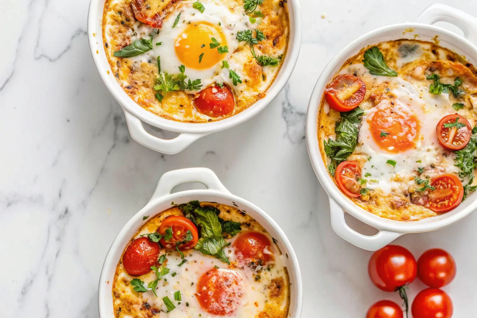 Mediterranean baked feta eggs in white ramekins topped with roasted cherry tomatoes, spinach, and sunny-side eggs, on a marble surface with fresh tomatoes nearby
