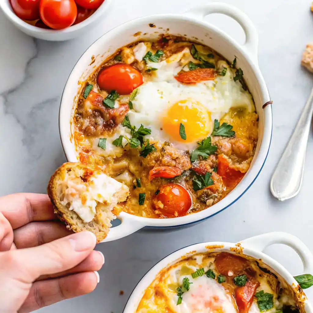 Hand dipping crusty bread into a white ramekin of Mediterranean baked feta eggs with roasted cherry tomatoes, fresh herbs, and a sunny-side egg yolk