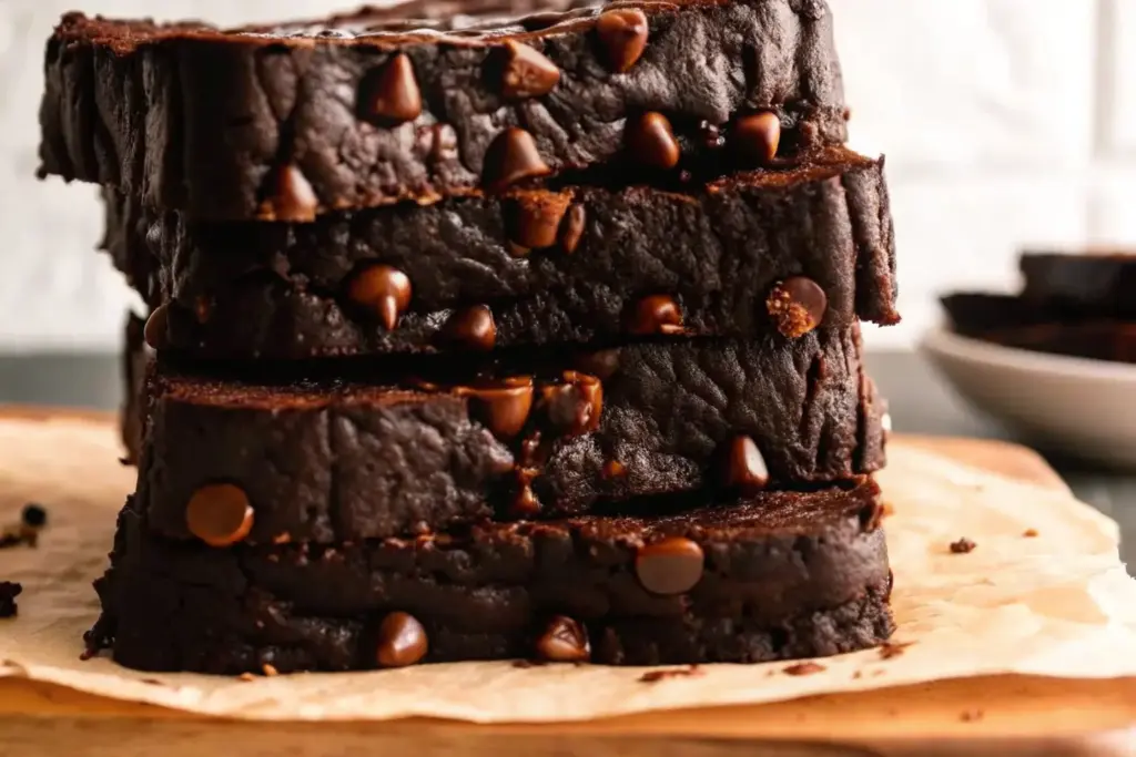 Stacked slices of moist chocolate pumpkin bread filled with gooey chocolate chips, a rich fall dessert loaf recipe.