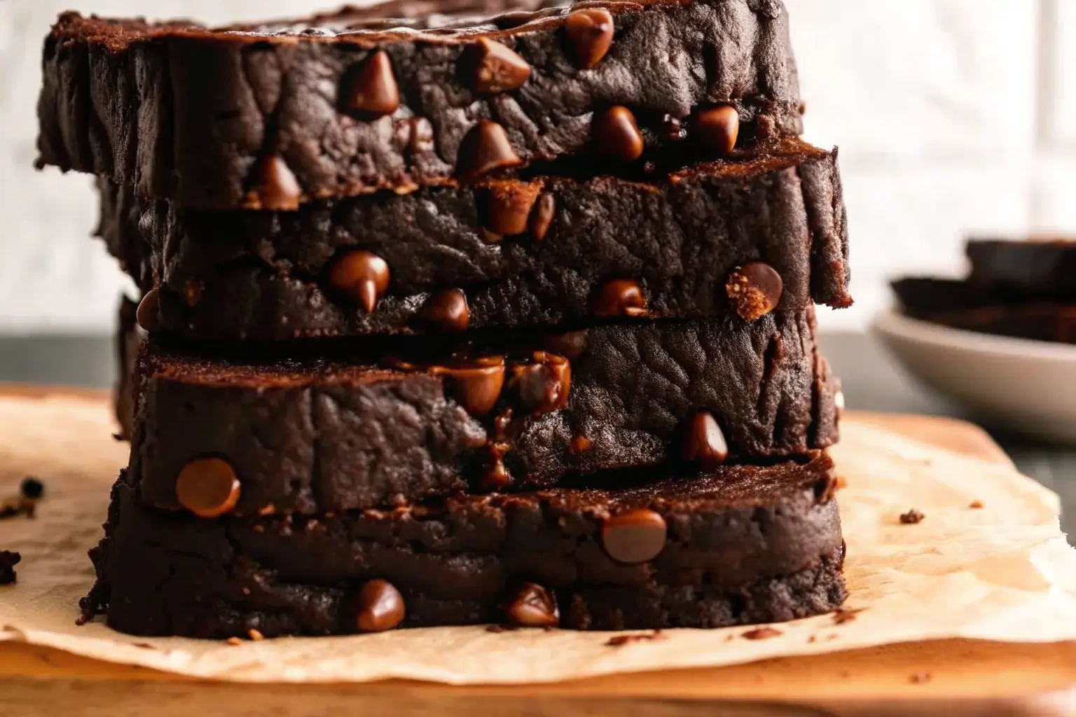 Stacked slices of moist chocolate pumpkin bread filled with gooey chocolate chips, a rich fall dessert loaf recipe.