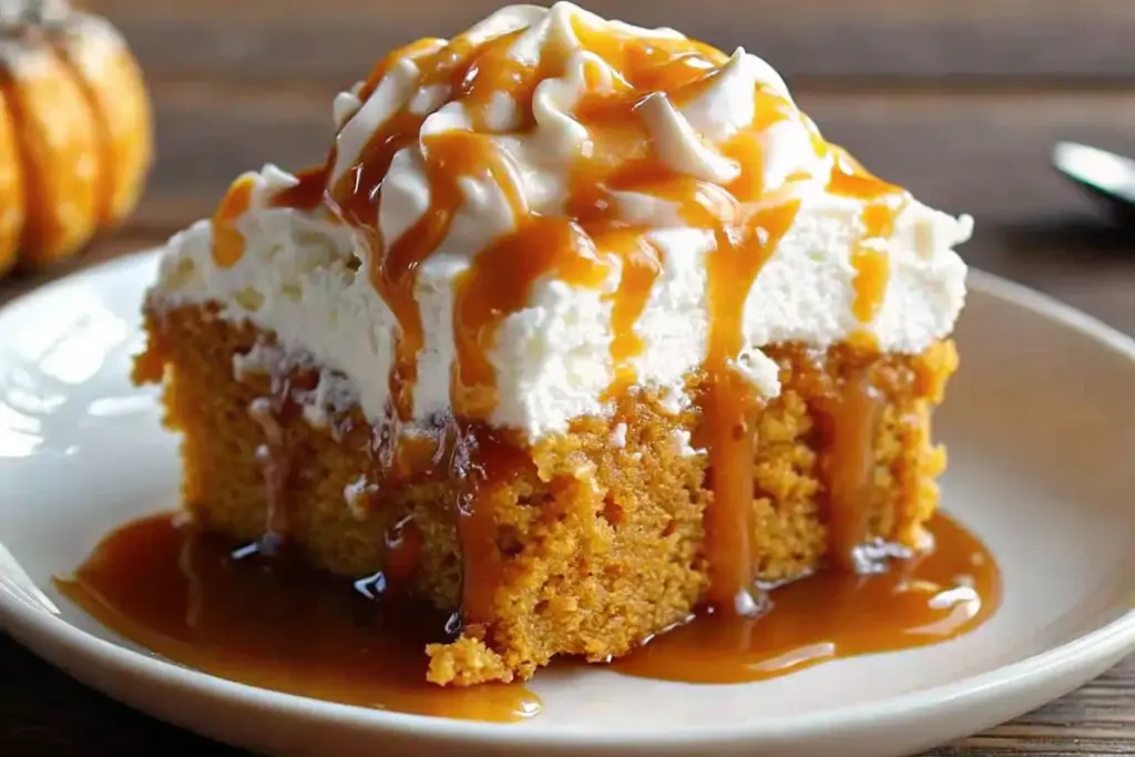 Moist pumpkin poke cake topped with whipped cream and drizzled caramel sauce on a white plate.