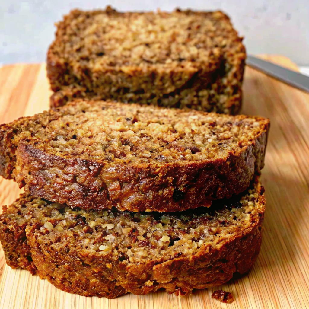 Close-up of moist zucchini bread slices stacked on a wooden board with a golden crust.