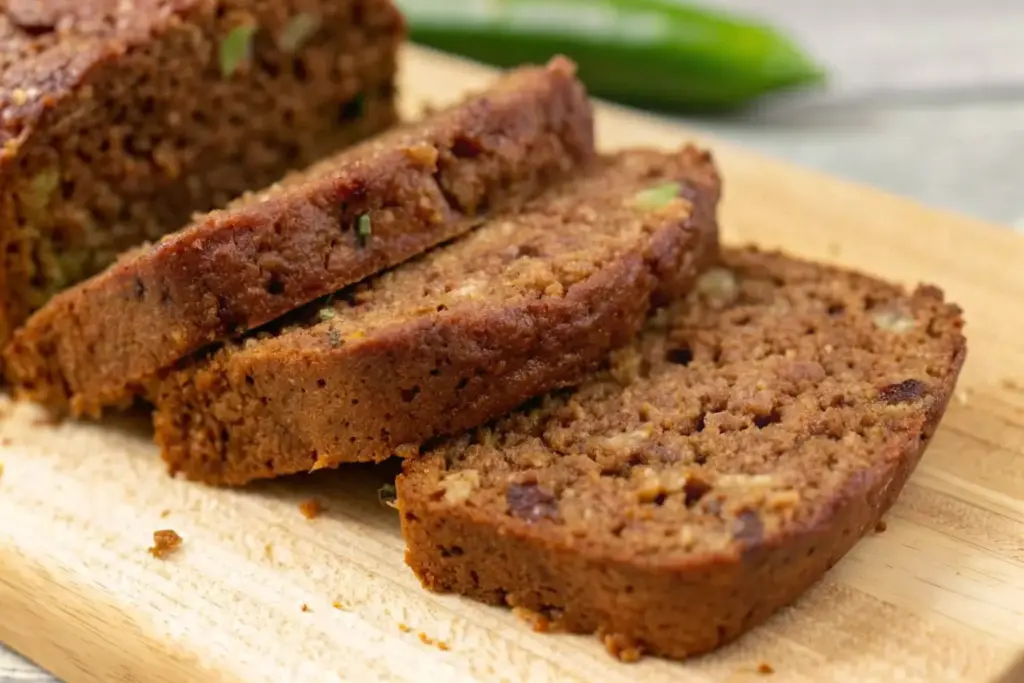 Golden slices of homemade zucchini bread on a wooden board, showing a moist crumb with flecks of zucchini and warm cinnamon color.