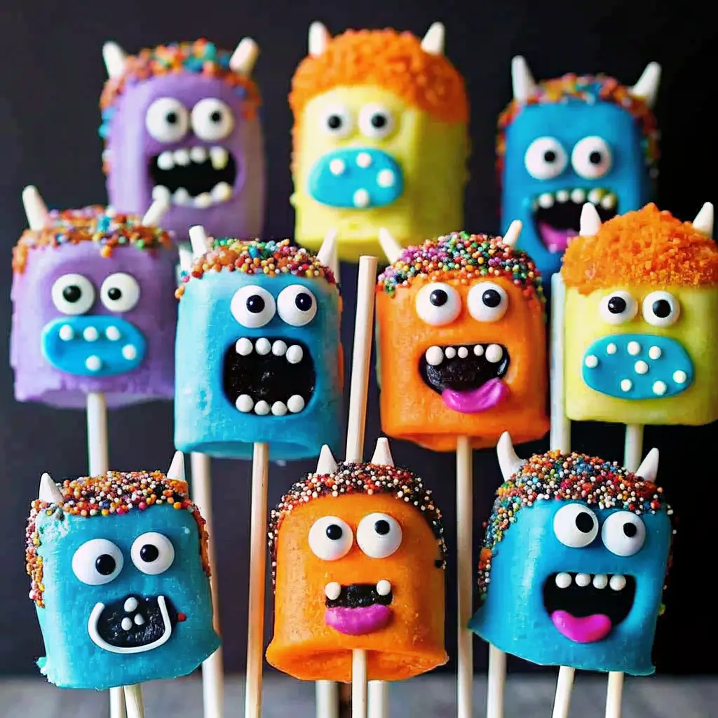 monster-marshmallow-pops-halloween-treats Colorful Halloween monster marshmallow pops decorated with candy eyes, sprinkles, and icing faces on lollipop sticks.