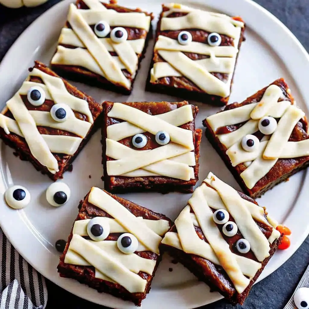mummy-brownies-halloween-dessert Halloween mummy brownies decorated with white icing bandages and candy eyes, served on a round white plate.