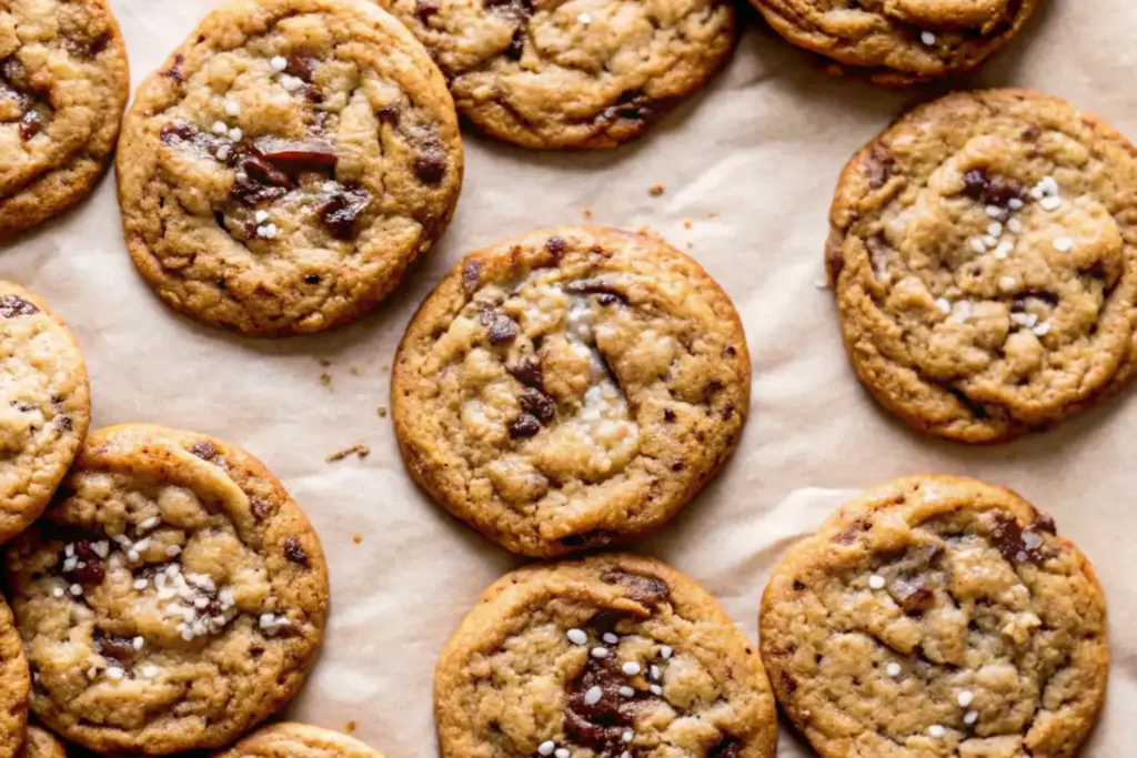 Batch of chewy pumpkin chocolate chip cookies with sea salt on parchment paper