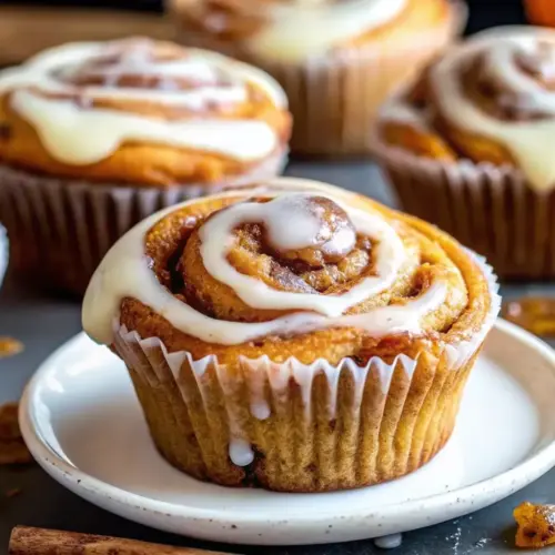 Pumpkin Cinnamon Roll Muffins with Cream Cheese Glaze Pumpkin Cinnamon Roll Muffins Pumpkin cinnamon roll muffin with cream cheese glaze drizzled on top, served on a white plate, surrounded by more muffins in the background.