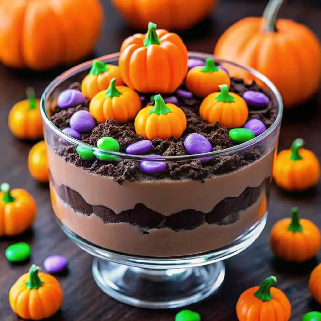 pumpkin-patch-dirt-cups-halloween-dessert Halloween pumpkin patch dirt cups layered with chocolate pudding, crushed Oreos, candy pumpkins, and colorful candies in a glass dish.