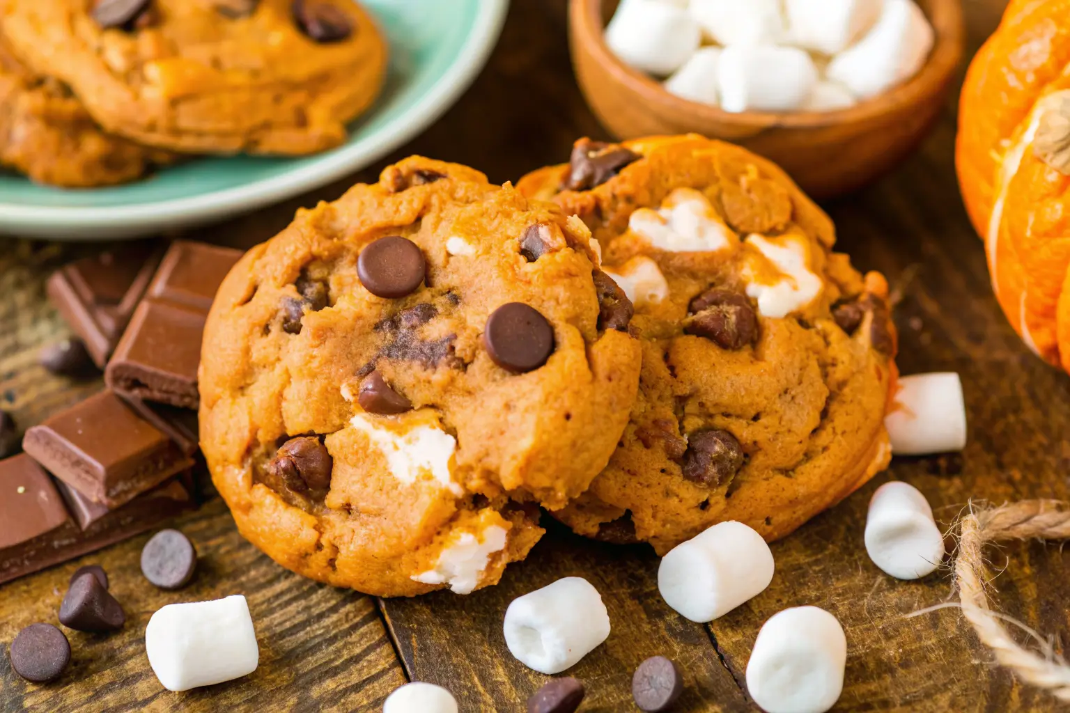 Stacked pumpkin s’mores cookies with gooey marshmallows and melted chocolate chips on a rustic wooden table with pumpkins and chocolate pieces.
