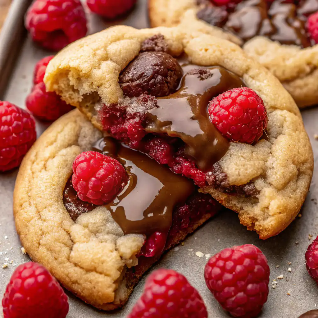 Close-up of Raspberry Chocolate Chunk Cookie with melty chocolate and fresh raspberries
